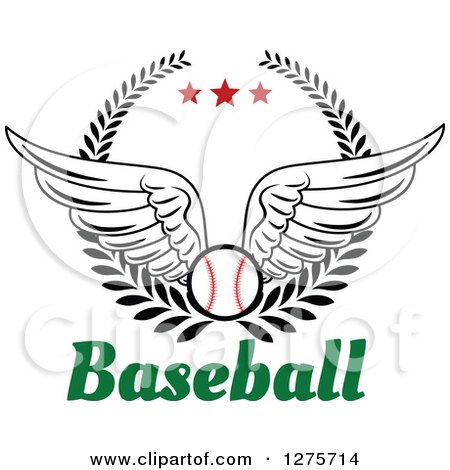 Clipart of a Winged Baseball in a Wreath with Red Stars over Text - Royalty Free Vector Illustration by Vector Tradition SM