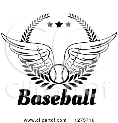 Clipart of a Black and White Winged Baseball in a Wreath with Stars over Text - Royalty Free Vector Illustration by Vector Tradition SM