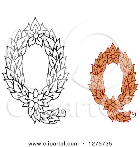 Clipart of Black and White and Colored Floral Capital Letter Q Designs - Royalty Free Vector Illustration by Vector Tradition SM