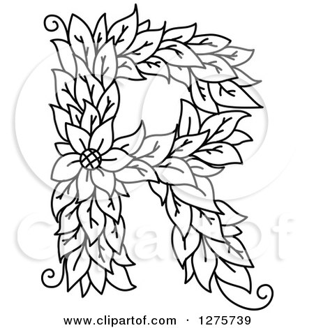 Clipart of a Black and White Floral Capital Letter R with a Flower - Royalty Free Vector Illustration by Vector Tradition SM