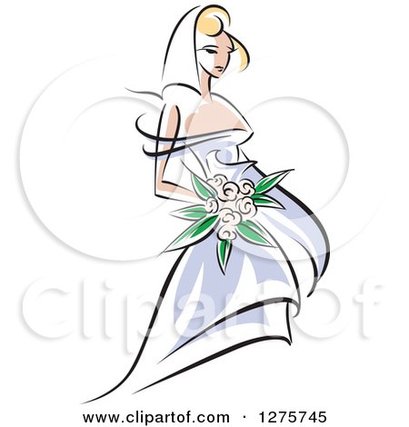 Clipart of a Blond White Bride in a Periwinkle Dress, with Pink Flowers - Royalty Free Vector Illustration by Vector Tradition SM