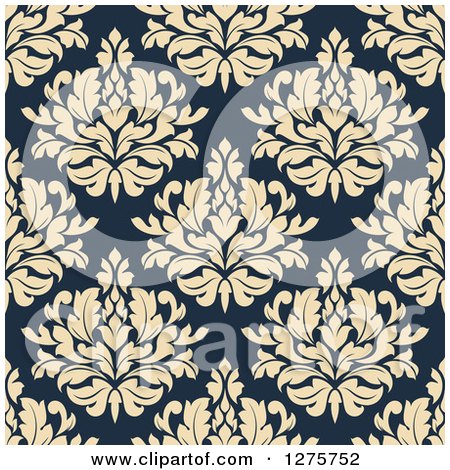 Clipart of a Seamless Pattern Background of Beige Damask on Navy Blue - Royalty Free Vector Illustration by Vector Tradition SM