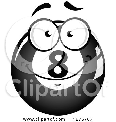 Clipart of a Grayscale Happy Billiards Eightball Character - Royalty Free Vector Illustration by Vector Tradition SM