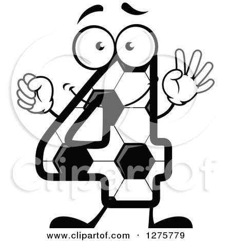 Clipart of a Soccer Ball Number Four Character Holding up 4 Fingers - Royalty Free Vector Illustration by Vector Tradition SM