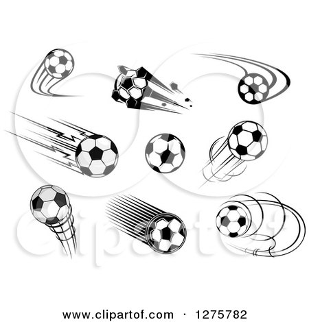 Clipart of Black and White and Grayscale Flying Soccer Balls - Royalty Free Vector Illustration by Vector Tradition SM