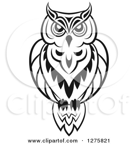 Clipart of a Black and White Resting Owl 3 - Royalty Free Vector Illustration by Vector Tradition SM