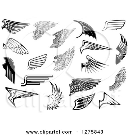Clipart of Black and White and Grayscale Feathered Wings - Royalty Free Vector Illustration by Vector Tradition SM