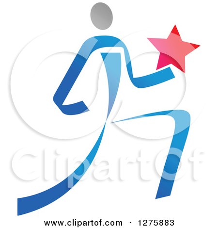 Clipart of a Blue and Gray Ribbon Person Running with a Star - Royalty Free Vector Illustration by Vector Tradition SM