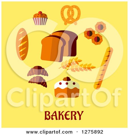 Clipart of Breads and Baked Goods over Bakery Text on Yellow - Royalty Free Vector Illustration by Vector Tradition SM