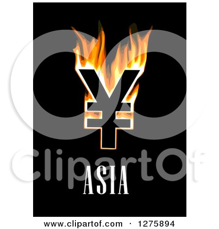 Clipart of a Flaming Yen Currency Symbol and Asia Text on Black - Royalty Free Vector Illustration by Vector Tradition SM