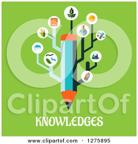 Clipart of a Pencil with Science Icons and Knowledges Text on Green - Royalty Free Vector Illustration by Vector Tradition SM