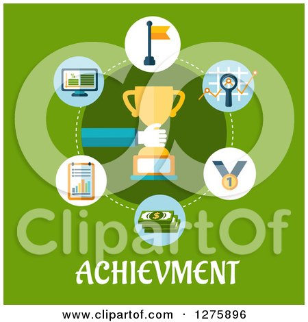 Clipart of a Hand Holding a Trophy in a Circle of Icons over Achievement Text on Green - Royalty Free Vector Illustration by Vector Tradition SM