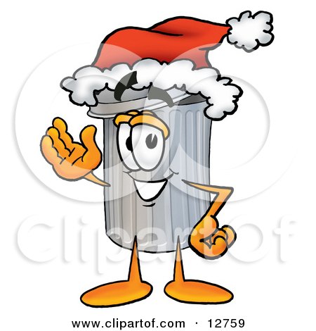 Clipart Picture of a Garbage Can Mascot Cartoon Character Wearing a Santa Hat and Waving by Mascot Junction