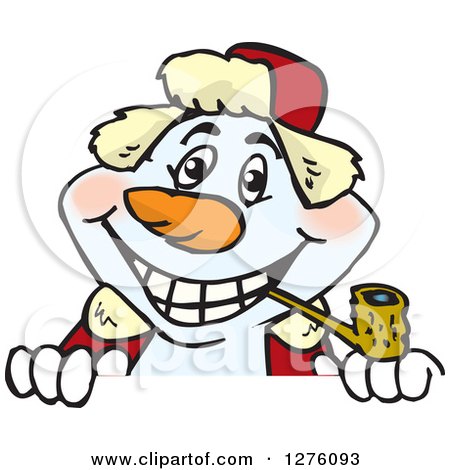 Clipart of a Happy Snowman Smoking a Pipe and Peeking over a Sign - Royalty Free Vector Illustration by Dennis Holmes Designs
