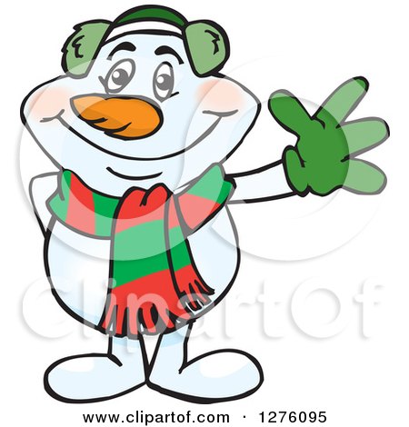 Clipart of a Friendly Waving Snowman in a Scarf and Ear Muffs - Royalty Free Vector Illustration by Dennis Holmes Designs