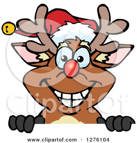 Clipart of a Happy Rudolph Christmas Reindeer Peeking over a Sign - Royalty Free Vector Illustration by Dennis Holmes Designs