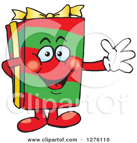 Clipart of a Happy Christmas Gift Character Waving - Royalty Free Vector Illustration by Dennis Holmes Designs