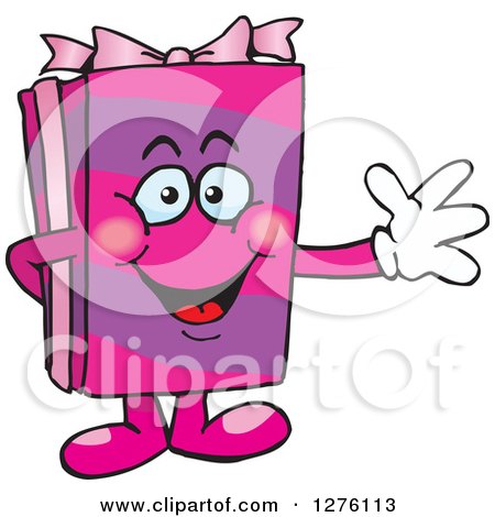 Clipart of a Happy Pink Gift Character Waving - Royalty Free Vector Illustration by Dennis Holmes Designs