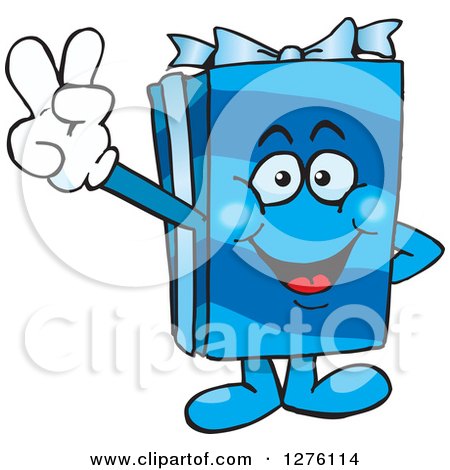 Clipart of a Happy Blue Gift Character Gesturing Peace - Royalty Free Vector Illustration by Dennis Holmes Designs