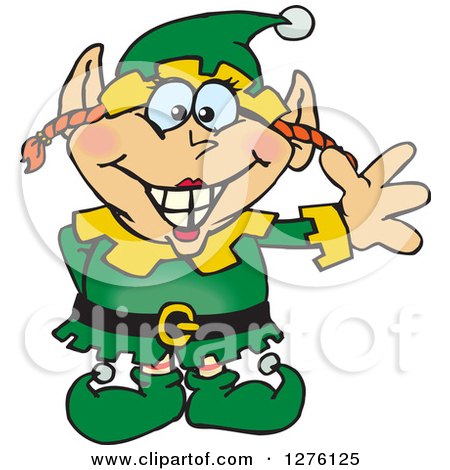 Clipart of a Happy Female Christmas Elf Waving - Royalty Free Vector Illustration by Dennis Holmes Designs