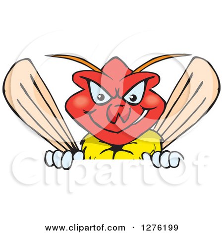 Clipart of a Grinning Wasp Peeking over a Sign - Royalty Free Vector Illustration by Dennis Holmes Designs