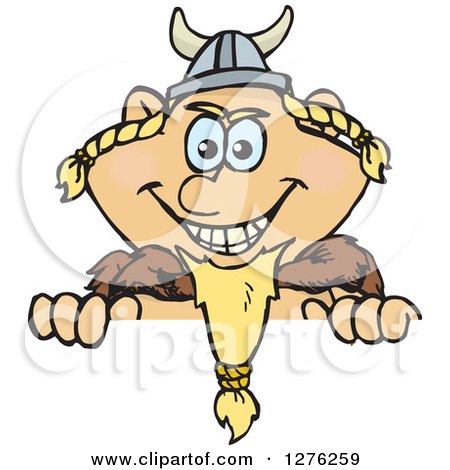 Clipart of a Happy Blond Male Viking Peeking over a Sign - Royalty Free Vector Illustration by Dennis Holmes Designs