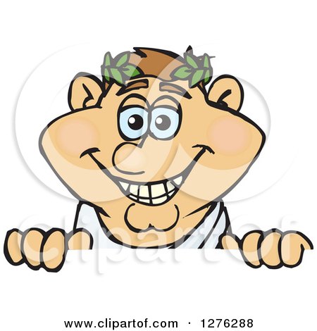 Clipart of a Happy Greek Man in a Toga, Peeking over a Sign - Royalty Free Vector Illustration by Dennis Holmes Designs