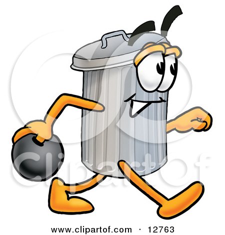 Clipart Picture of a Garbage Can Mascot Cartoon Character Holding a Bowling Ball by Mascot Junction