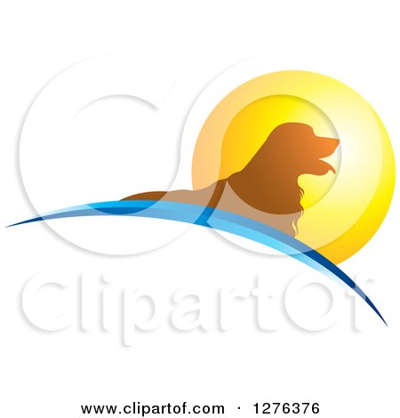 Clipart of a Silhouetted Golden Retriever Dog Panting over Swooshes in a Sunset Circle - Royalty Free Vector Illustration by Lal Perera
