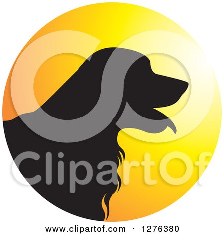 Clipart of a Black Silhouetted Golden Retriever Dog Panting in a Sunset Circle - Royalty Free Vector Illustration by Lal Perera
