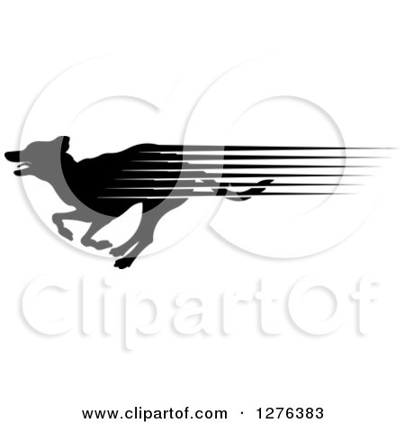 Clipart of a Black Silhouetted Dog with Speed Streaks, Running in Profile - Royalty Free Vector Illustration by Lal Perera