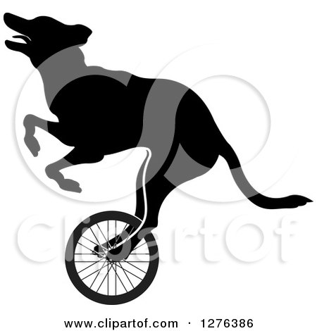 Clipart of a Black Silhouetted Dog Riding a Wheel - Royalty Free Vector Illustration by Lal Perera