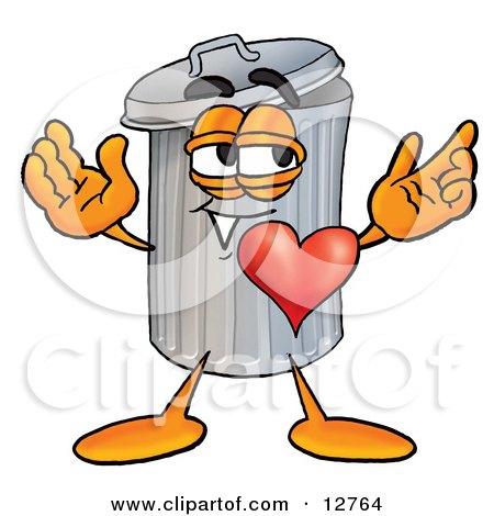 Clipart Picture of a Garbage Can Mascot Cartoon Character With His Heart Beating Out of His Chest by Mascot Junction