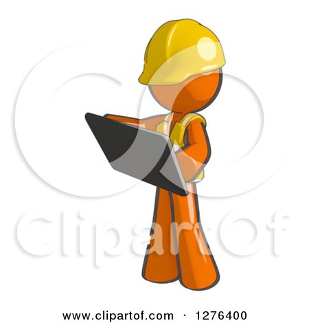 Clipart of a Sketched Construction Worker Orange Man in a Vest, Using a Tablet Computer - Royalty Free Illustration by Leo Blanchette