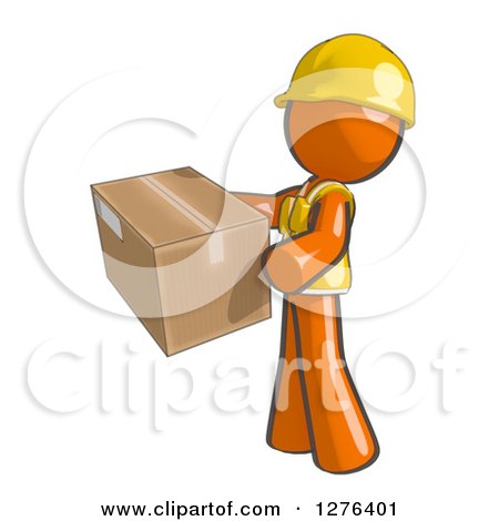 Clipart of a Sketched Construction Worker Orange Man in a Vest, Holding a Package - Royalty Free Illustration by Leo Blanchette