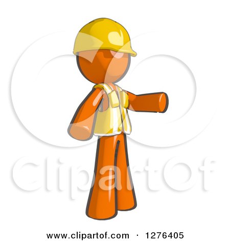 Clipart of a Sketched Construction Worker Orange Man in a Vest Pointing to the Right - Royalty Free Illustration by Leo Blanchette