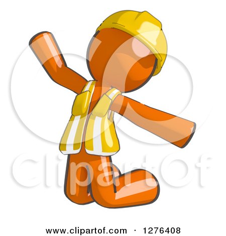 Clipart of a Sketched Jumping Construction Worker Orange Man in a Vest - Royalty Free Illustration by Leo Blanchette