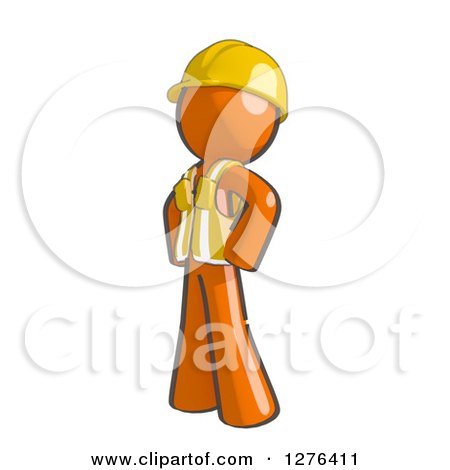 Clipart of a Sketched Stern Construction Worker Orange Man in a Vest, Facing Left with Hands on His Hips - Royalty Free Illustration by Leo Blanchette