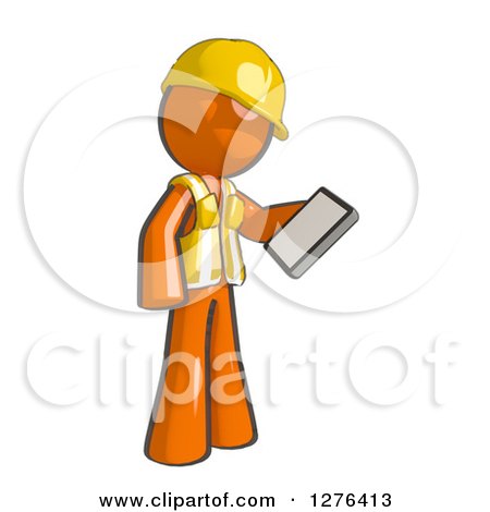 Clipart of a Sketched Construction Worker Orange Man in a Vest, Using a Tablet Computer 4 - Royalty Free Illustration by Leo Blanchette