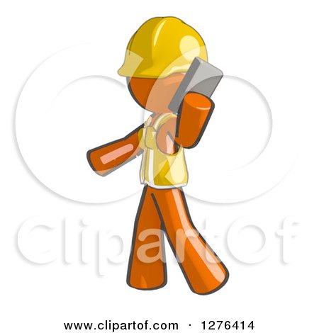 Clipart of a Sketched Construction Worker Orange Man in a Vest, Walking and Talking on a Cell Phone - Royalty Free Illustration by Leo Blanchette