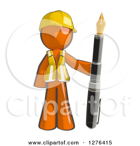 Clipart of a Sketched Construction Worker Orange Man in a Vest, Standing with a Giant Fountain Pen - Royalty Free Illustration by Leo Blanchette