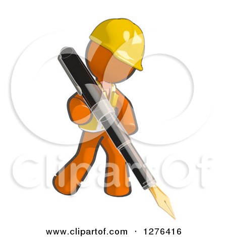 Clipart of a Sketched Construction Worker Orange Man in a Vest, Writing with a Giant Fountain Pen - Royalty Free Illustration by Leo Blanchette