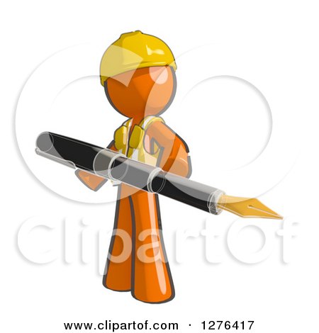Clipart of a Sketched Construction Worker Orange Man in a Vest, Holding a Giant Fountain Pen - Royalty Free Illustration by Leo Blanchette