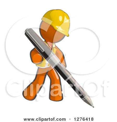 Clipart of a Sketched Construction Worker Orange Man in a Vest, Writing with a Giant Ballpoint Pen - Royalty Free Illustration by Leo Blanchette