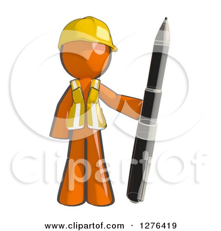 Clipart of a Sketched Construction Worker Orange Man in a Vest, Standing with a Giant Ballpoint Pen - Royalty Free Illustration by Leo Blanchette