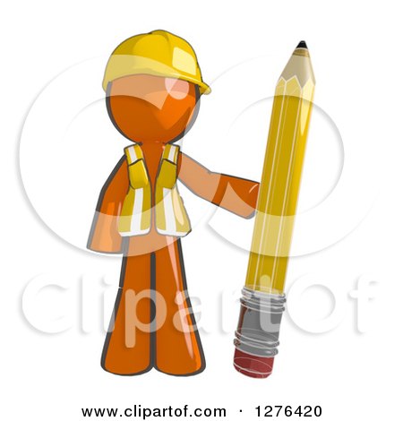 Clipart of a Sketched Construction Worker Orange Man in a Vest, Standing with a Giant Pencil - Royalty Free Illustration by Leo Blanchette