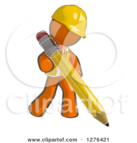Clipart of a Sketched Construction Worker Orange Man in a Vest, Writing with a Giant Pencil - Royalty Free Illustration by Leo Blanchette