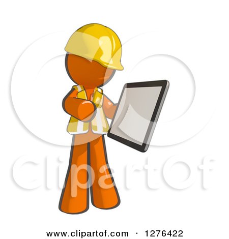 Clipart of a Sketched Construction Worker Orange Man in a Vest, Using a Tablet Computer 2 - Royalty Free Illustration by Leo Blanchette