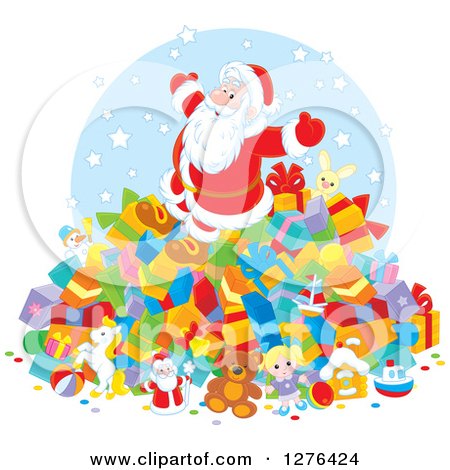 Clipart of a Cheerful Santa Claus on Top of a Pile of Christmas Presents - Royalty Free Vector Illustration by Alex Bannykh