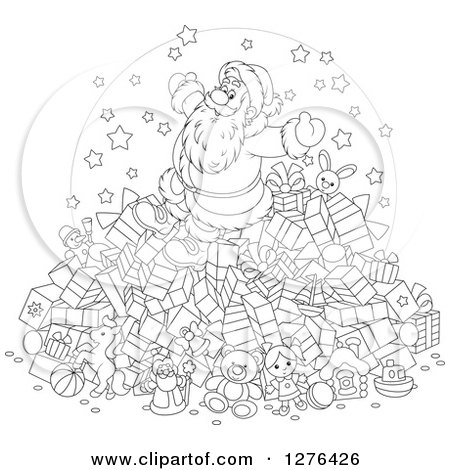 Clipart of a Black and White Cheerful Santa Claus on Top of a Pile of Christmas Presents - Royalty Free Vector Illustration by Alex Bannykh